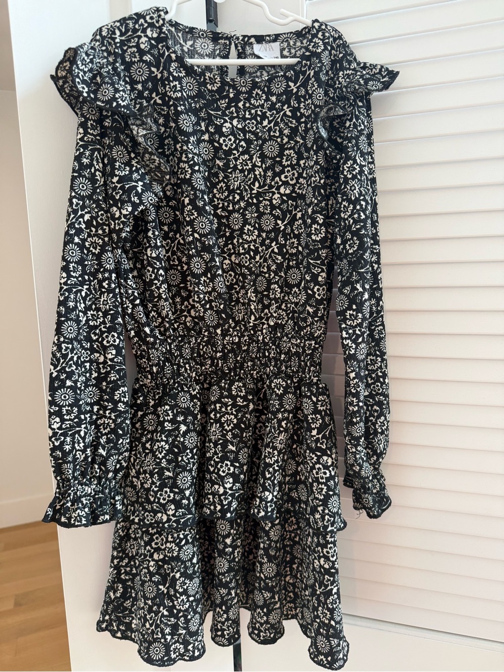 Zara Girls Black and White Floral Long-Sleeve Tiered Dress